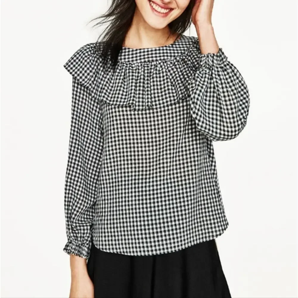 Zara Black White Gingham Check Ruffle Yoke Blouse Frill Long Sleeve Top Small